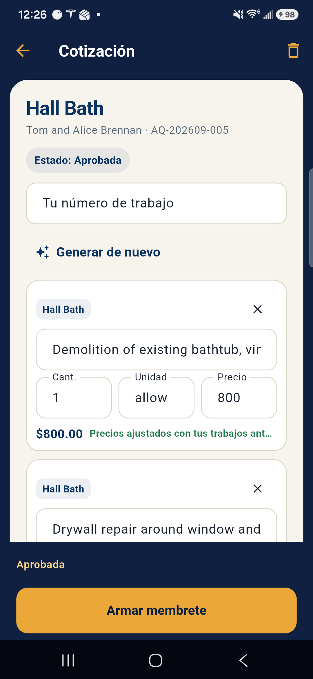 Spanish quote builder screen with English line items for Tom and Alice Brennan Hall Bath remodel.